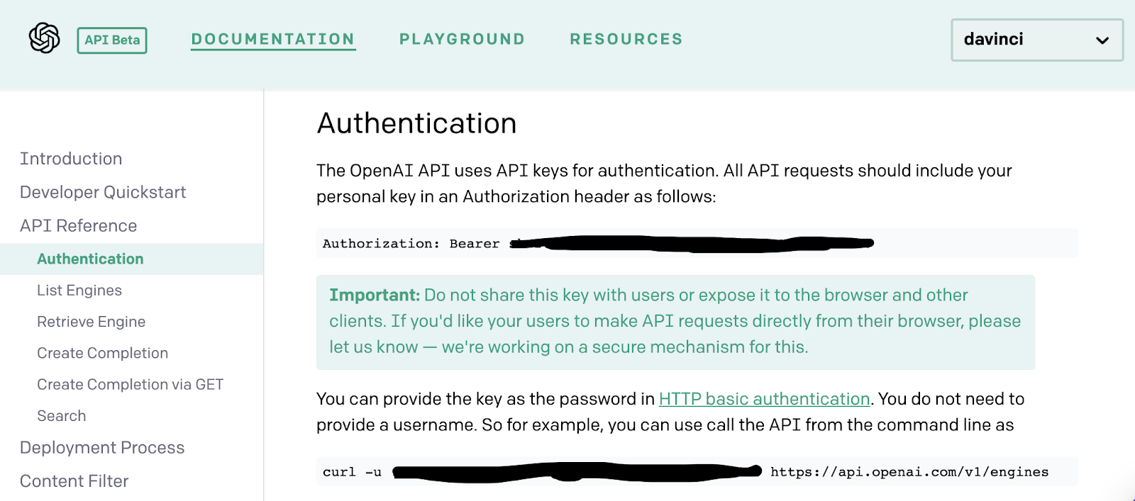 OpenAI Beta Documentation Authentication page with API key