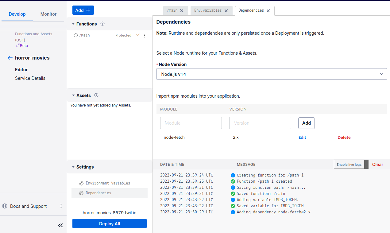 Twilio Function - Dependencies tab with the node-fetch module imported on version 2.x