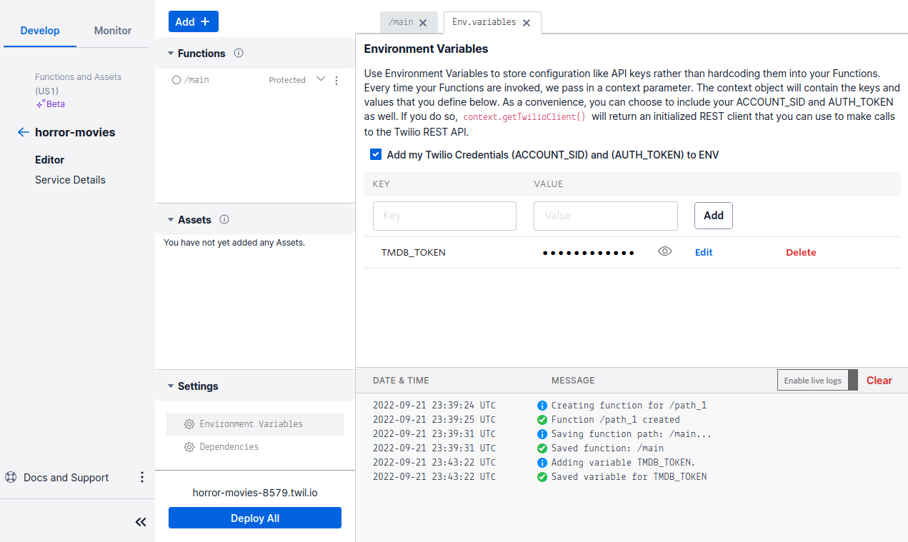 Twilio Function - Environment Variables tab open with TMDB_TOKEN variable set to a hidden Value