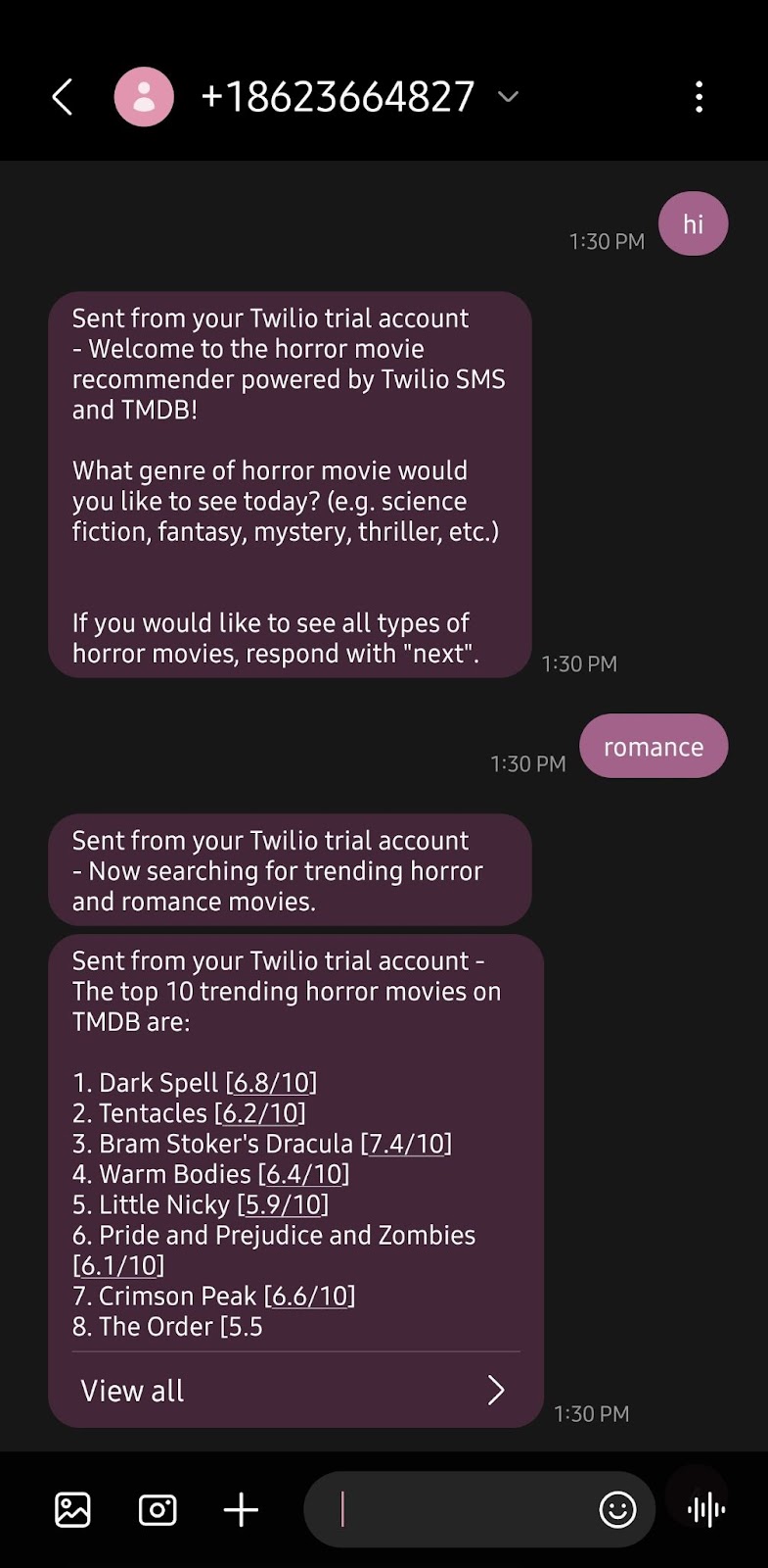 Text messages from a Twilio phone number giving horror movie recommendations