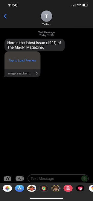 Phone screenshot showing an SMS message with text and link that says Tap lo Load Preview