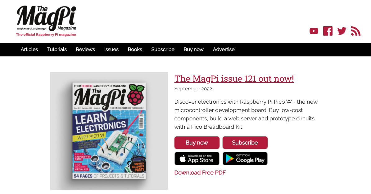 The MagPi Magazine issues page showing the latest issue