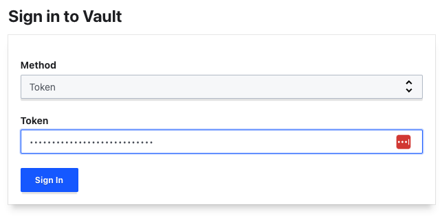 Sign in to vault page showing Method Token selected and Token value entered in the field. Sign in button to be clicked next to log in.