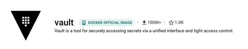 Vault image properties on Docker Hub showing it"s an official image with more than 100 million downloads and 1K stars