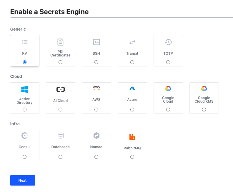 Vault configuration page showing KV engine selected and the Next button to be clicked to proceed.