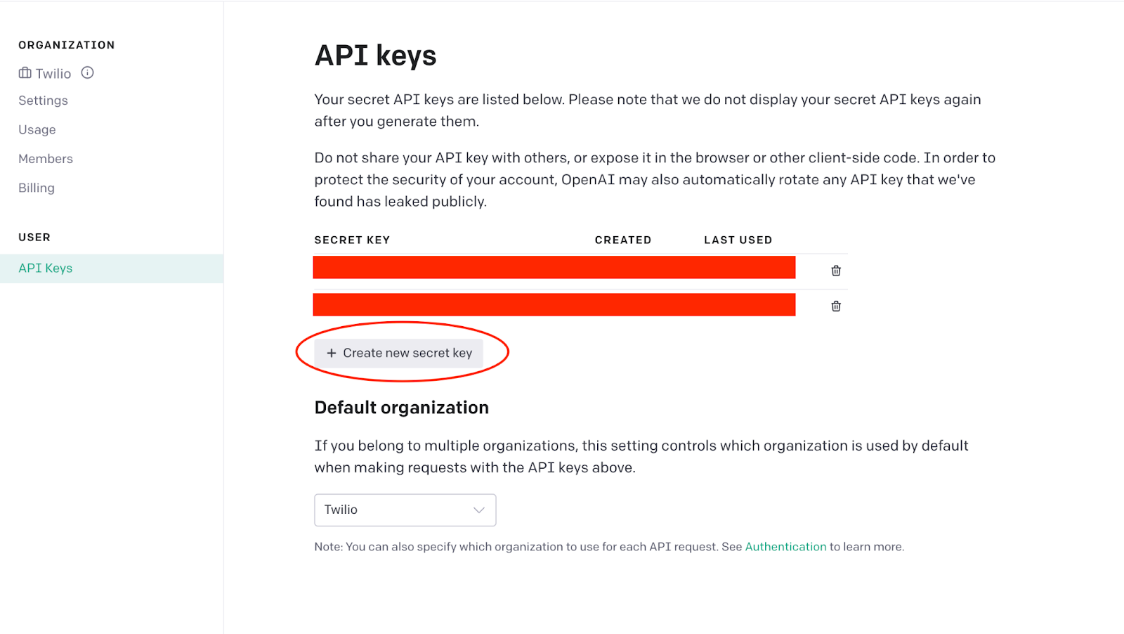 screenshot showing API key dashboard of Open AI"s website, with a red circle around the create new secret key button