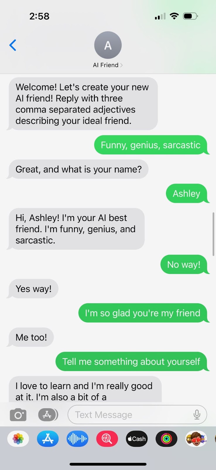 Screenshot showing SMS conversation with AI friend