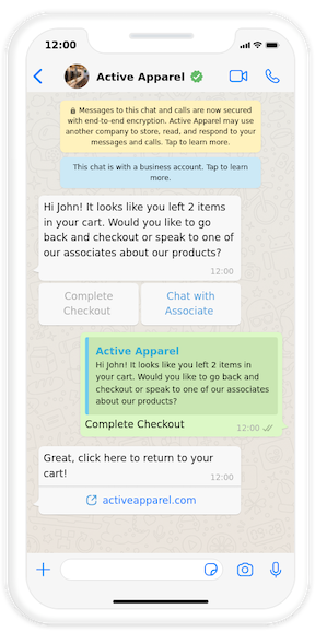 Mobile screenshot of WhatsApp message from a clothing store reminding a customer about items left in their cart