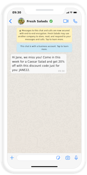 Mobile screenshot of a WhatsApp message from a salad restaurant offering a customer a discount that's unique to them
