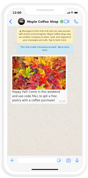Mobile screenshot in WhatsApp message of fall marketing message from a coffee shop