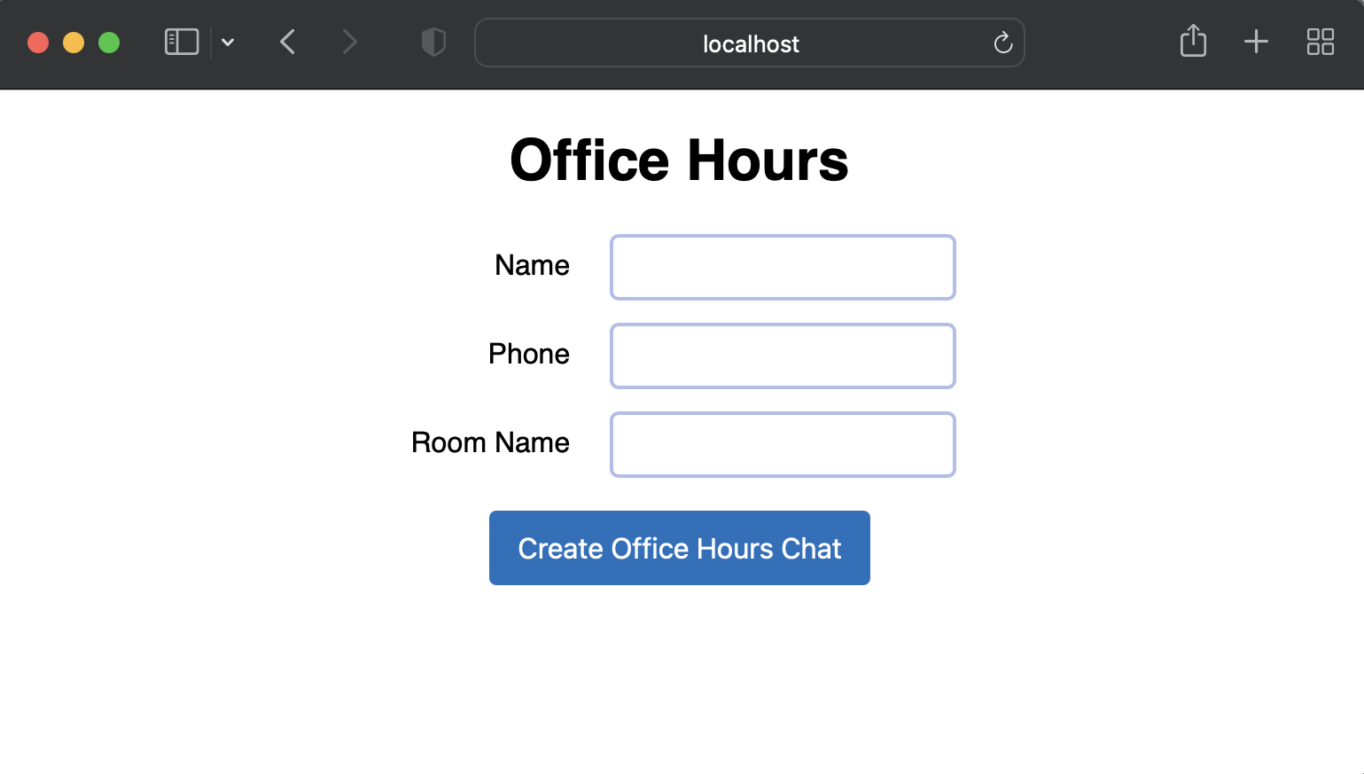 Office hours application UI, with form fields and button