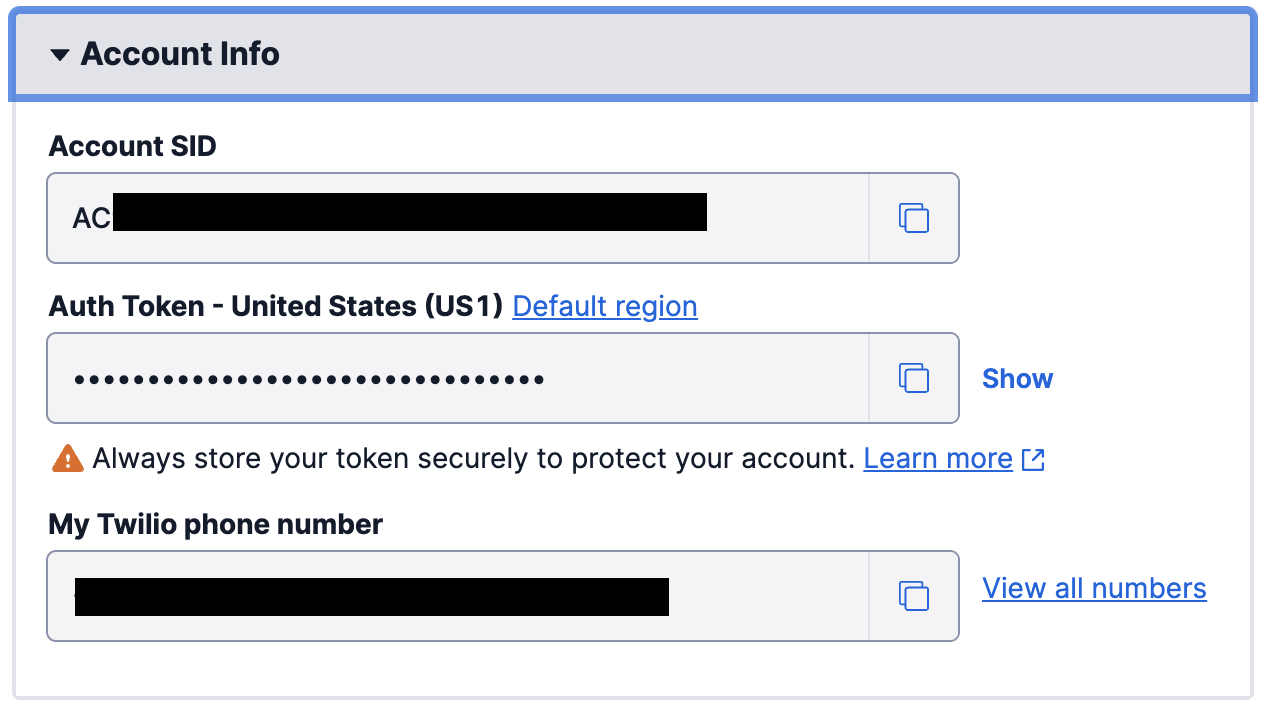 Twilio Console, showing Account SID and Auth Token