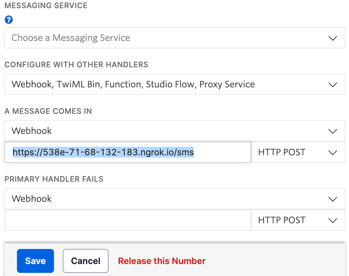 Twilio Phone Number configuration form where the phone number is configured to send text messages to a webhook with the ngrok Forwarding URL.
