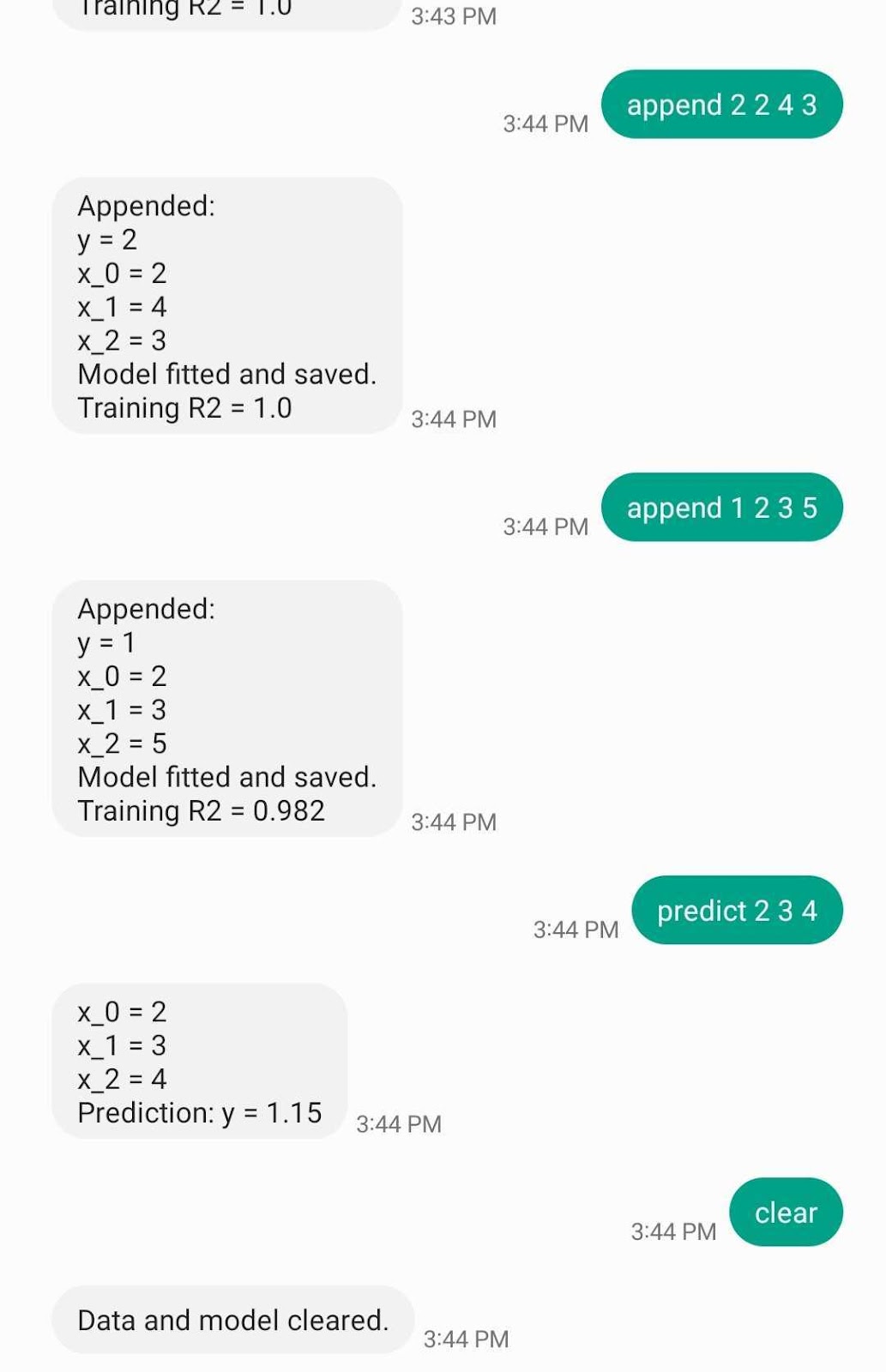 The user appends data by texting, makes a prediction with the model, and then clears them