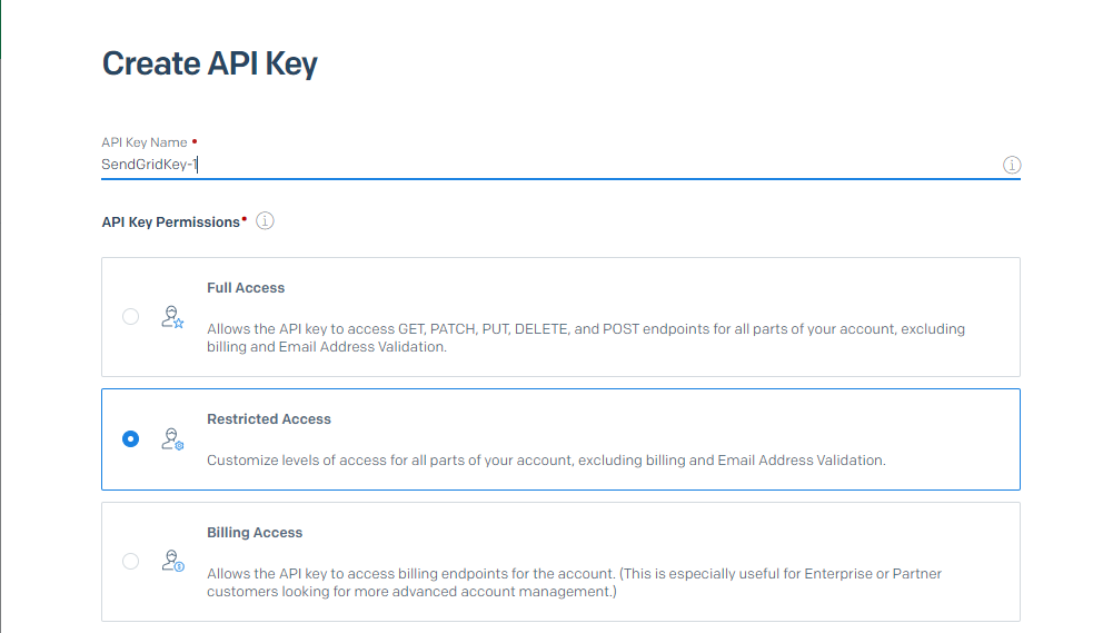 API key page showing the list of permissions