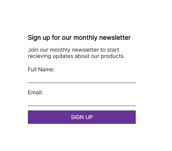 A newsletter signup form with input fields for email and full name.