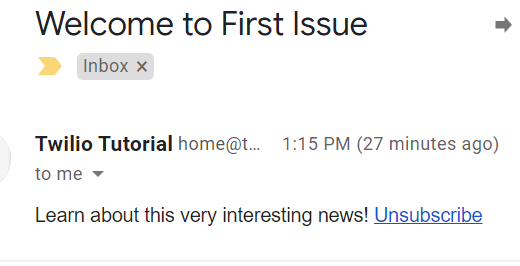 Email in Gmail with subject "Welcome to First Issue" and body "Learn about this very interesting news!". At the end of the email there"s a blue "Unsubscribe" link.