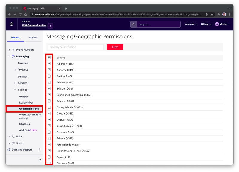 Console page to adjust the "Messaging Geographic Permissions"