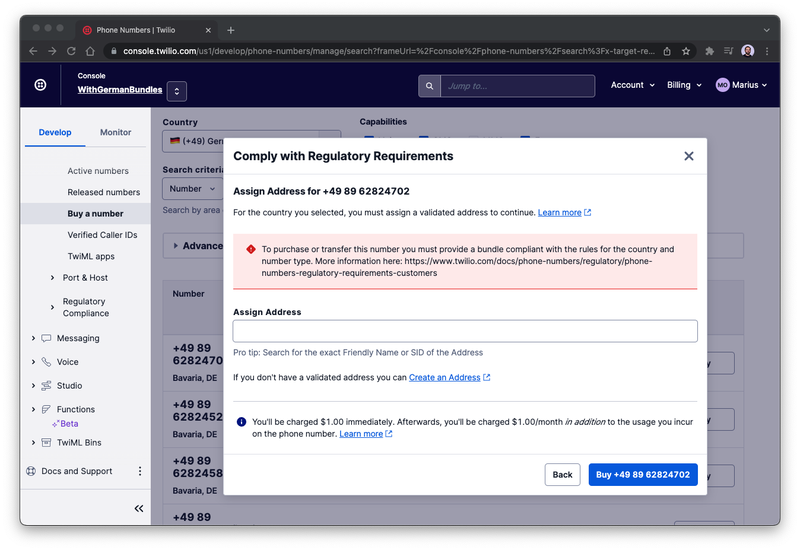 Error message when trying to buy a German phone number in the Twilio console