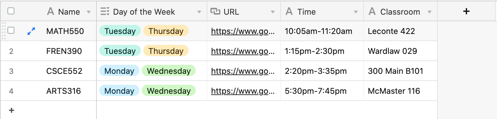 Screenshot of filled out Airtable table for a school schedule