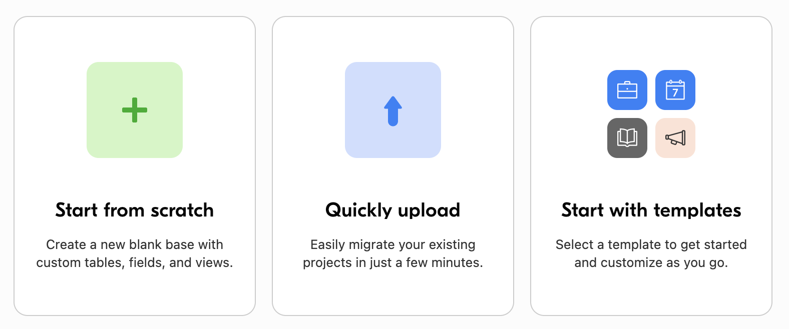 Modal of airtable base creation showing three options to create a base