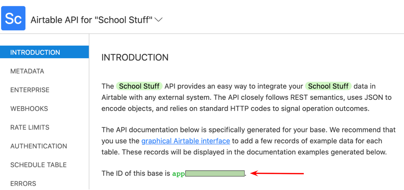 Airtable API Documentation page for School Stuff base. An arrow is pointed to the base ID.