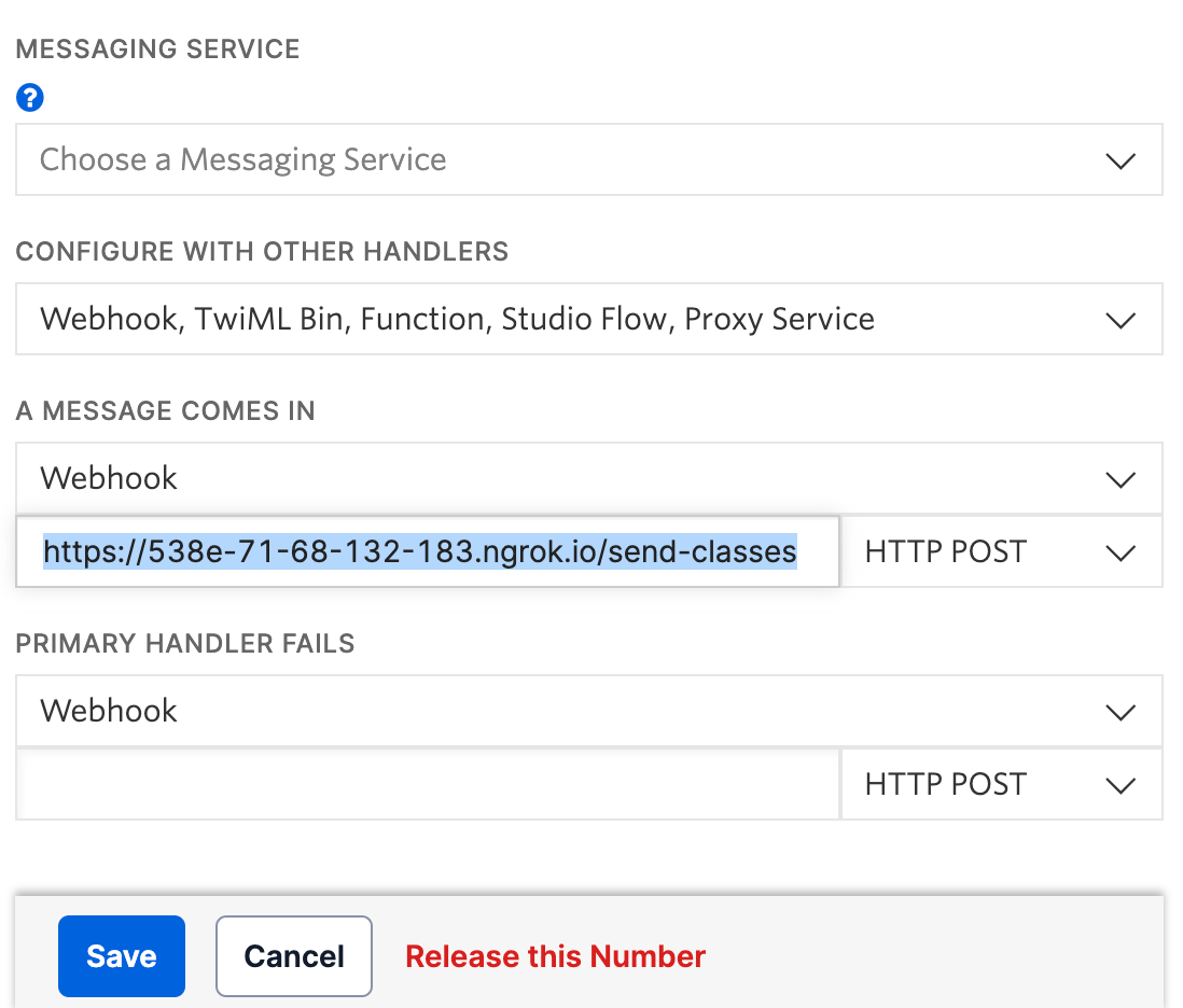 Twilio Phone Number configuration form where the phone number is configured to send text messages to a webhook with the ngrok Forwarding URL