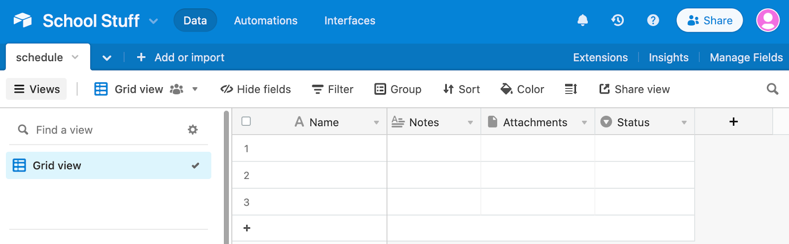 Default Airtable base titled "School Stuff"