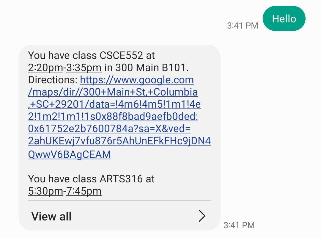 Messaging the Twilio phone number replies with classes and directions