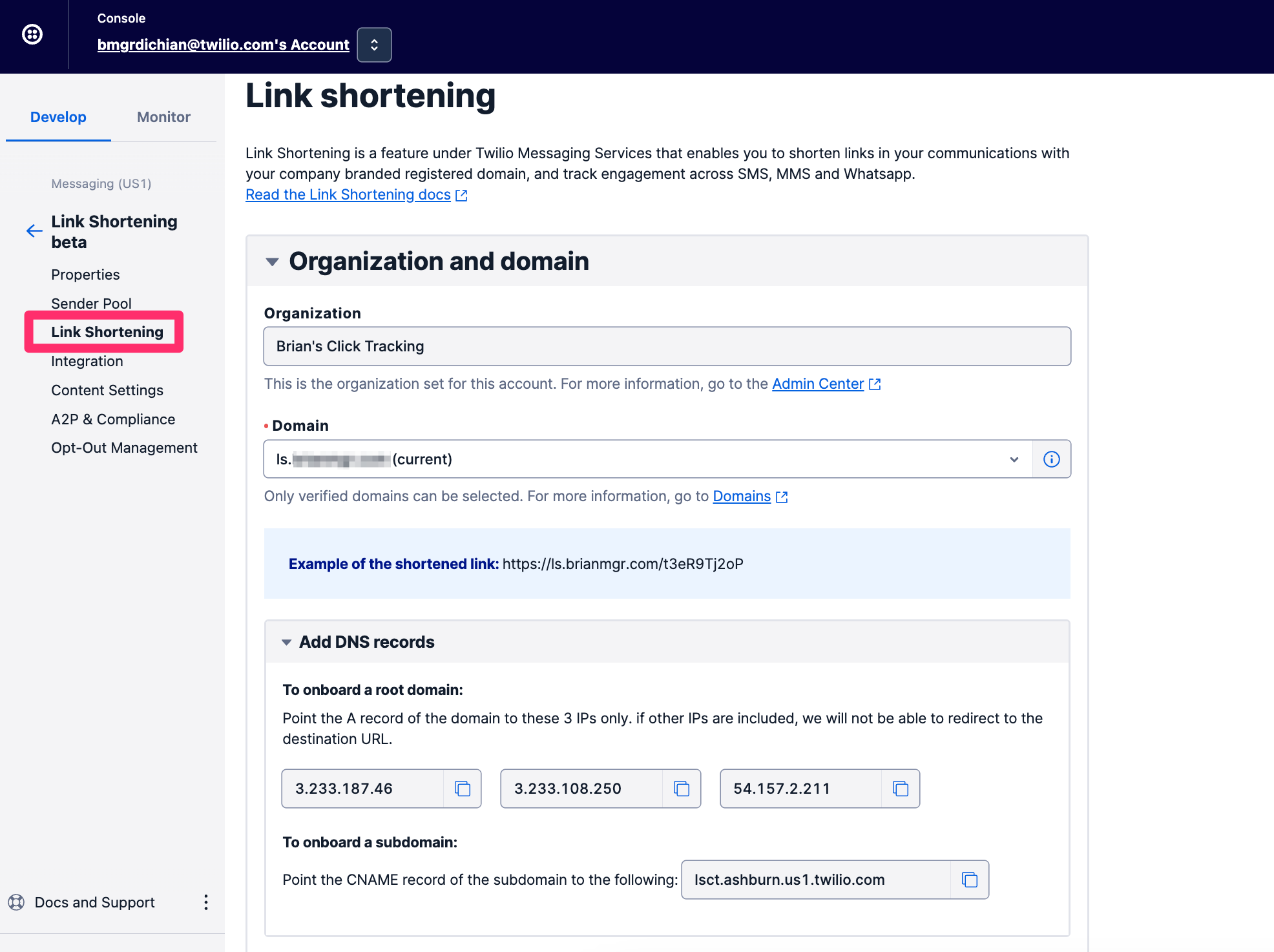 Messaging Services configuration in the Twilio Console showing Link Shortening configuration