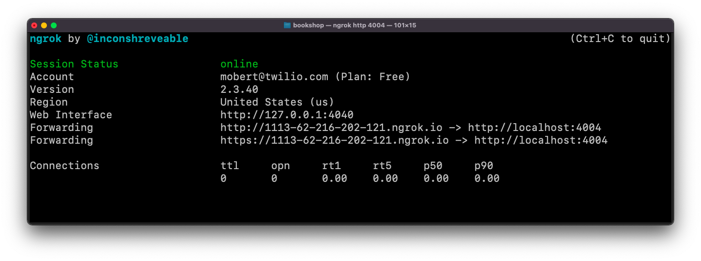 The running ngrok process in the terminal