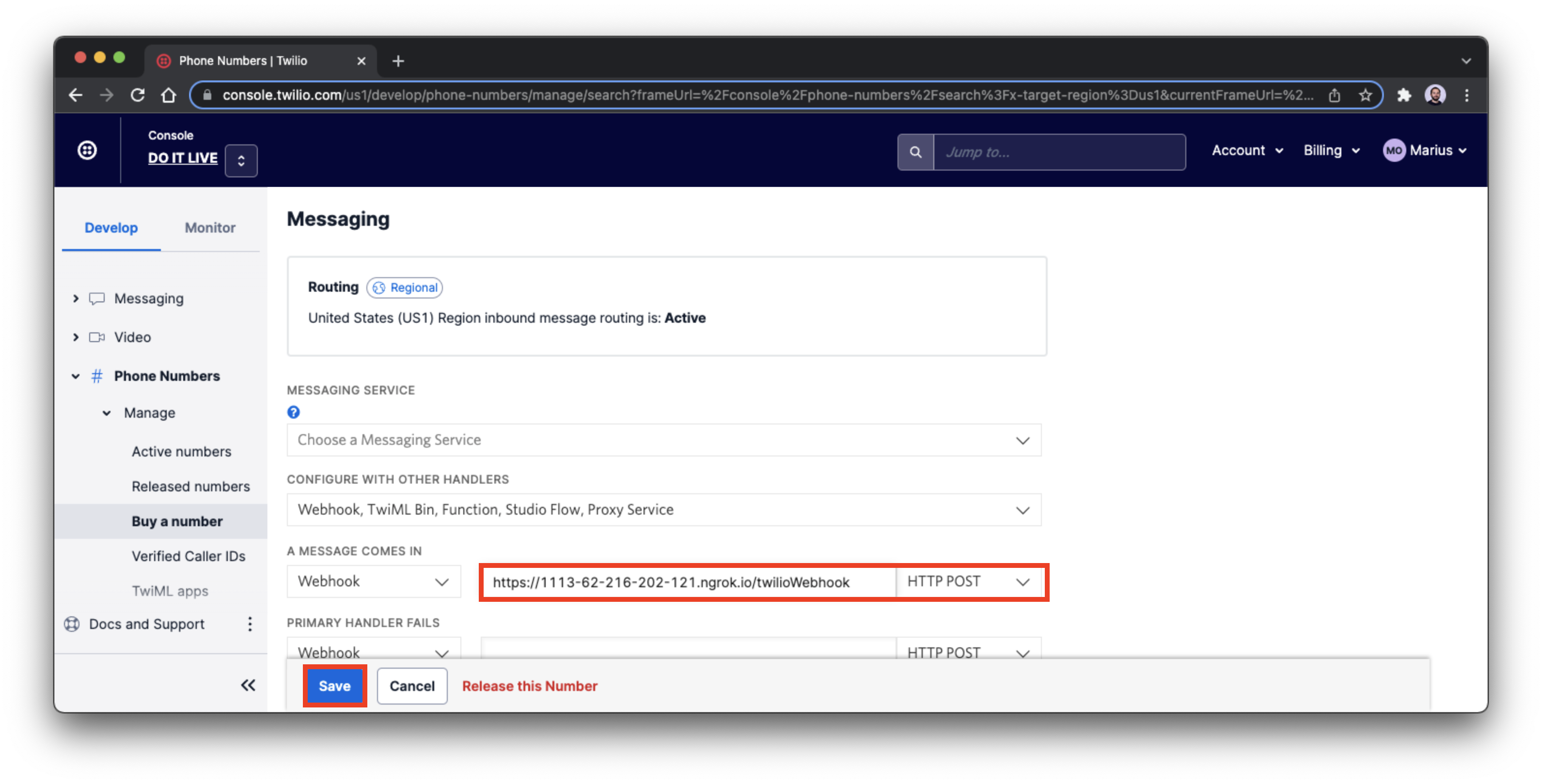 The Twilio Console showing the configured webhook