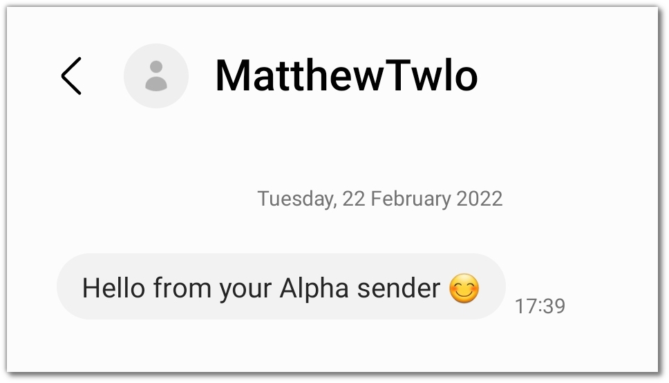 Screenshot of a messaging app showing a message from an Alpha Sender called "MatthewTwlo".