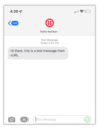 Screenshot of SMS from Twilio number