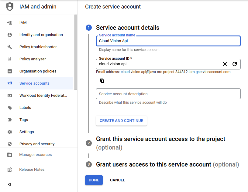 Service account details for Google Cloud Application
