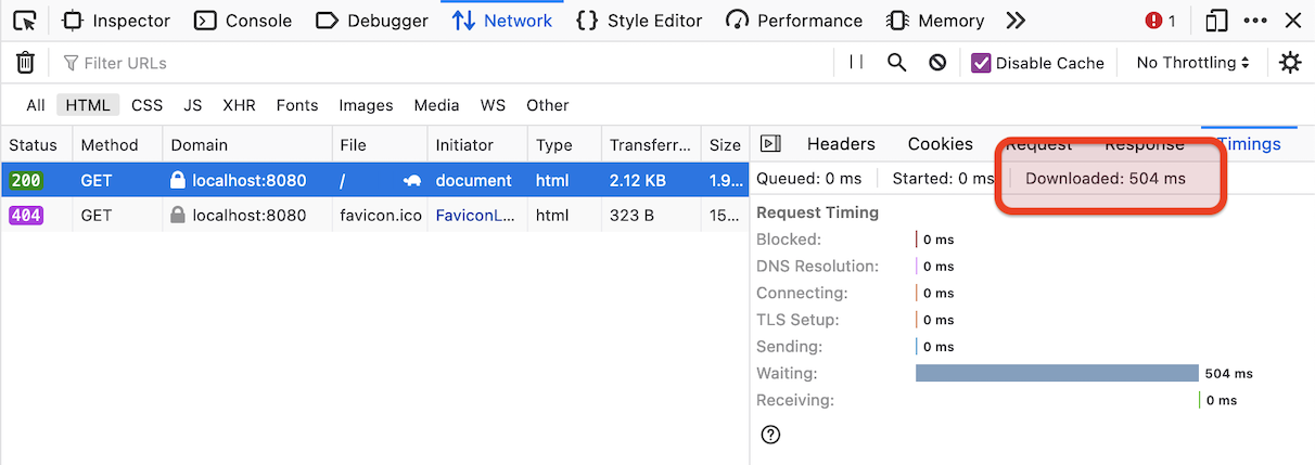 Downloaded time in Firefox with caching.