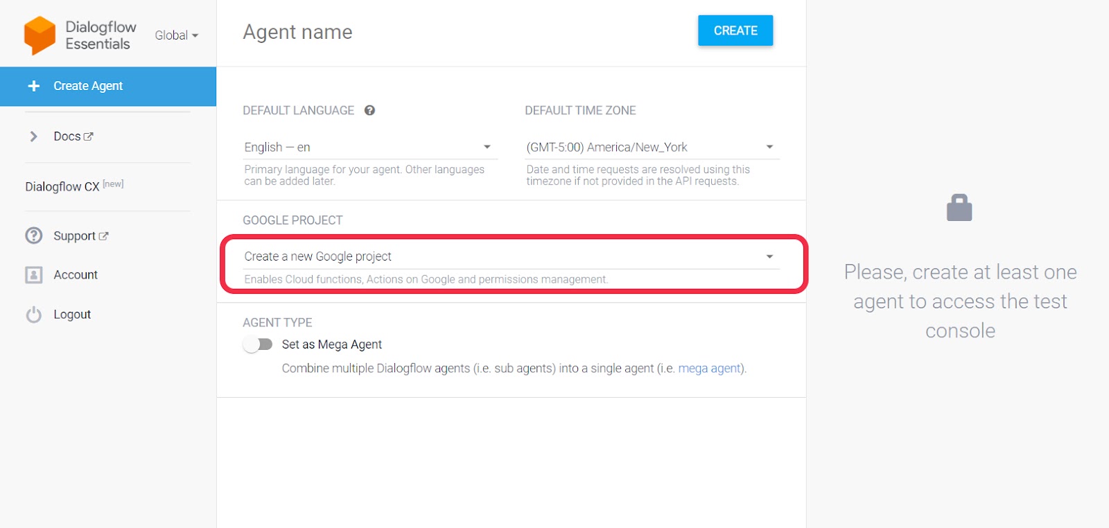 Dialogflow create a new Google project