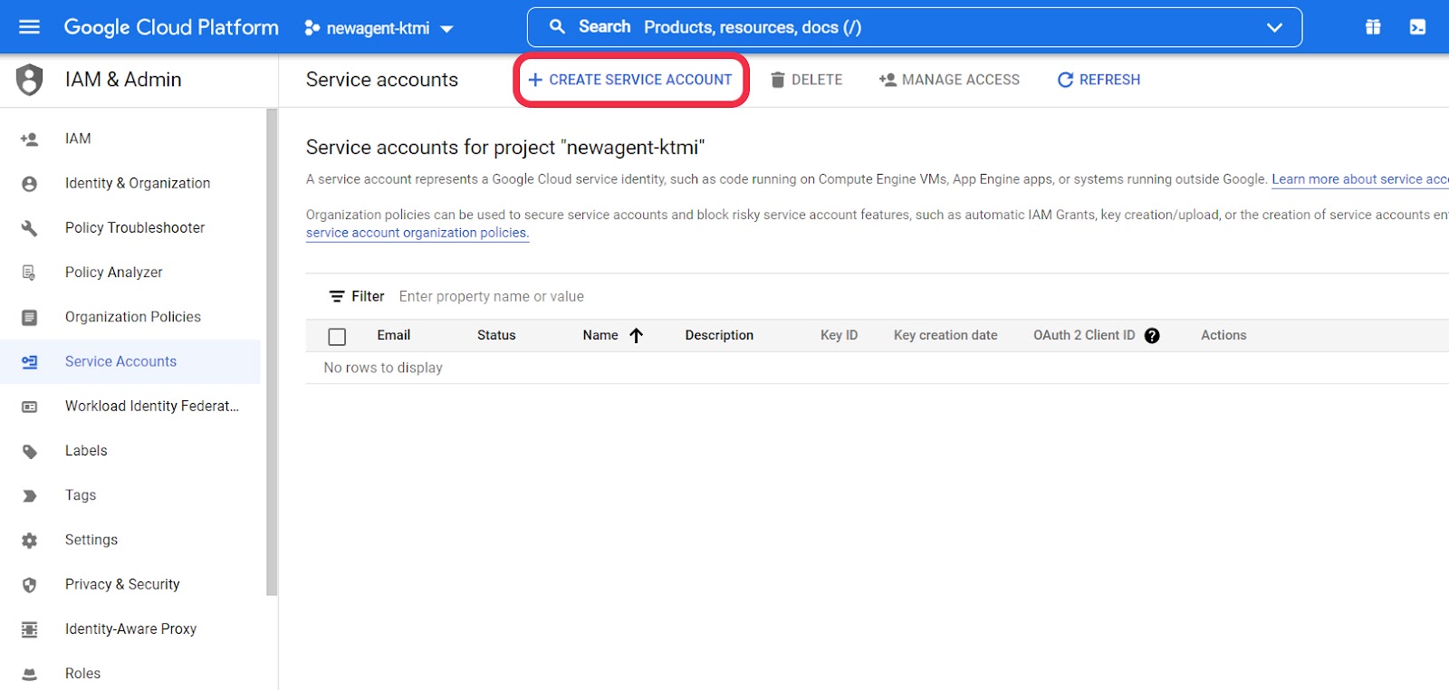 Create a Service Account in Google Cloud Console