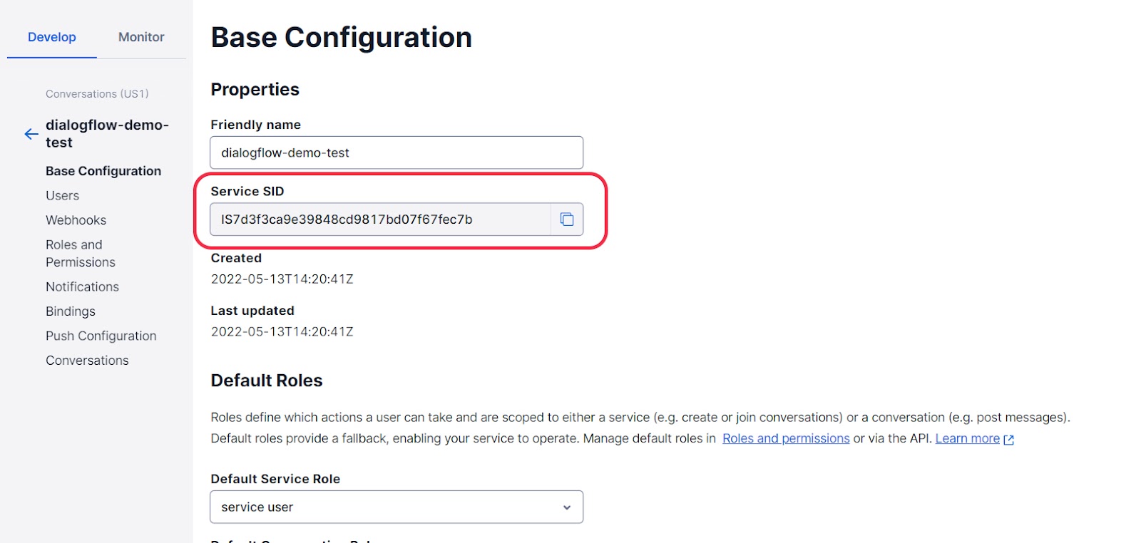 Conversations service SID in Twilio Console