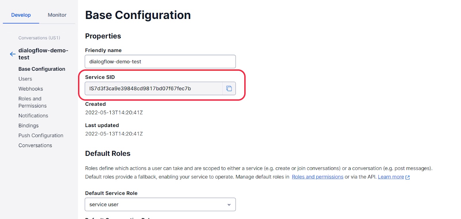 Conversations service SID in Twilio Console