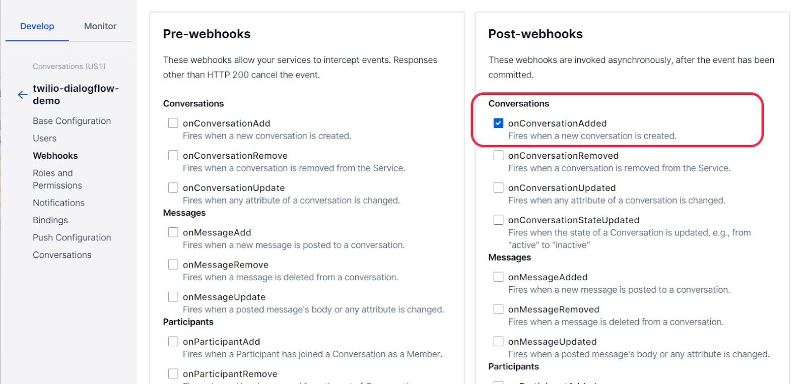 Setting webhook events in Twilio Conversations
