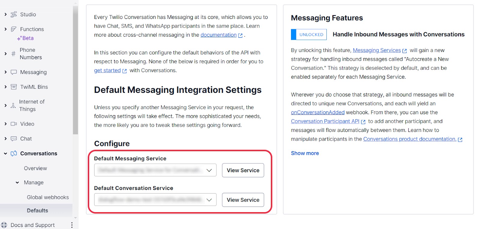 Change the Default Messaging and Conversations services in Twilio Conversations