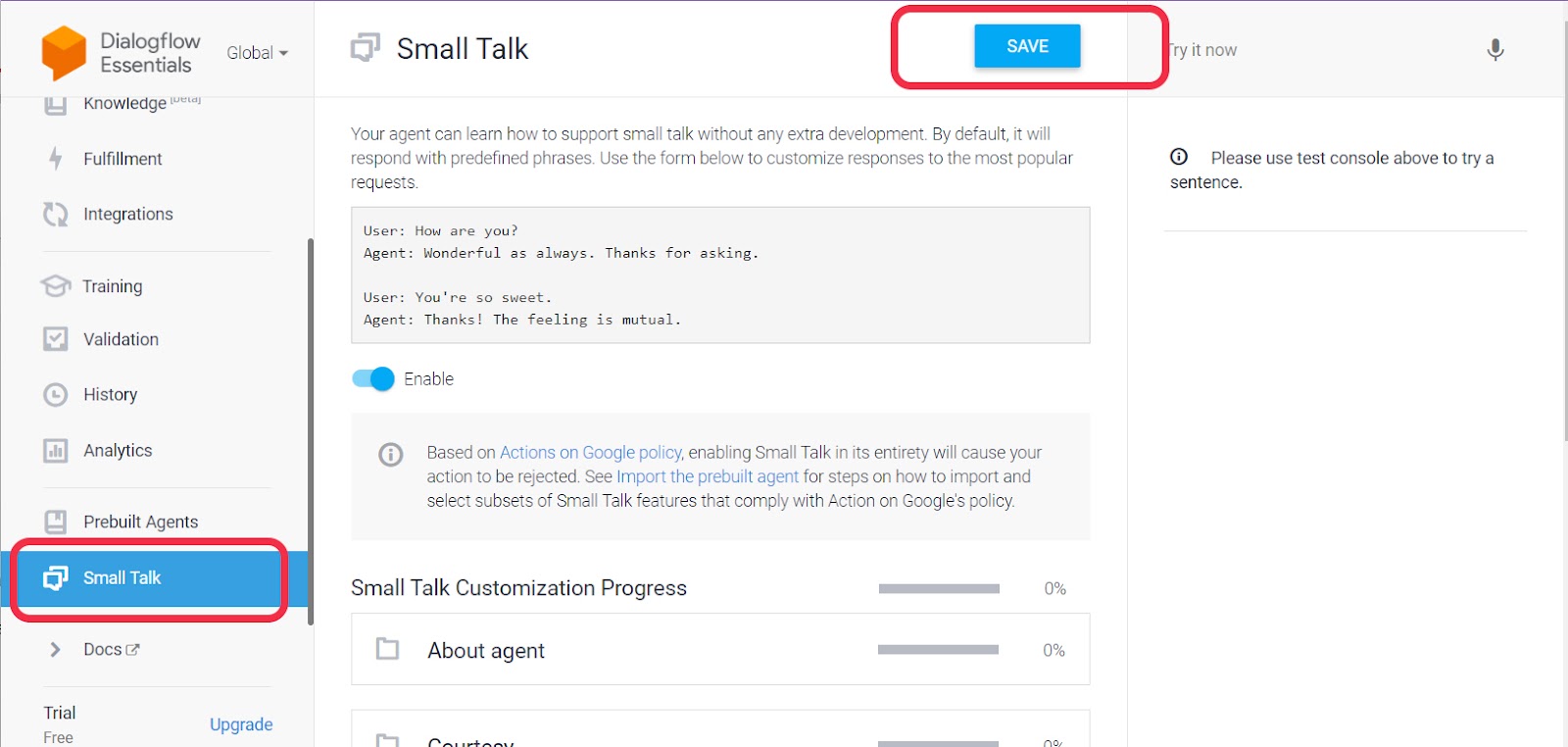 Saving in "Small Talk" in Dialogflow