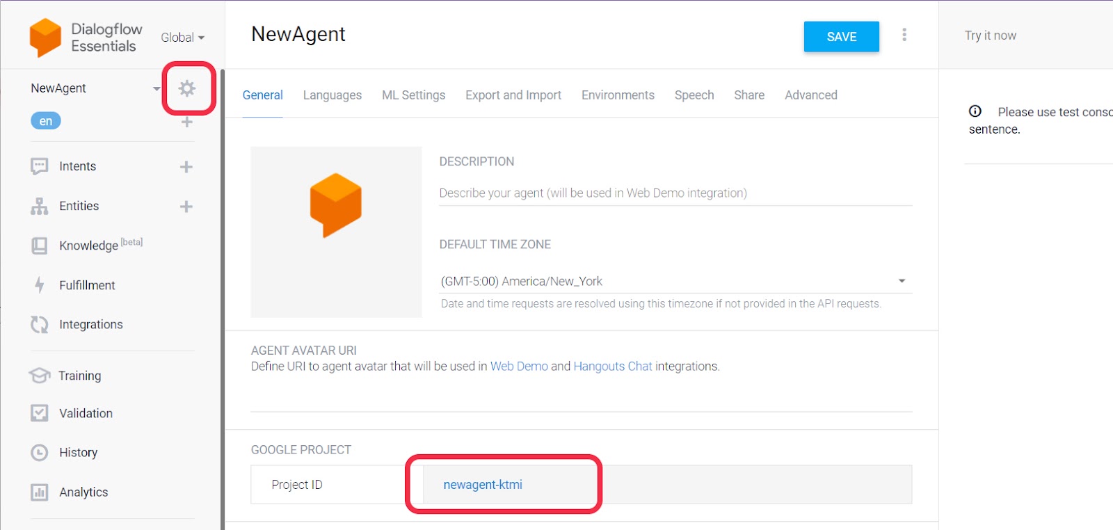 Dialogflow Project ID location