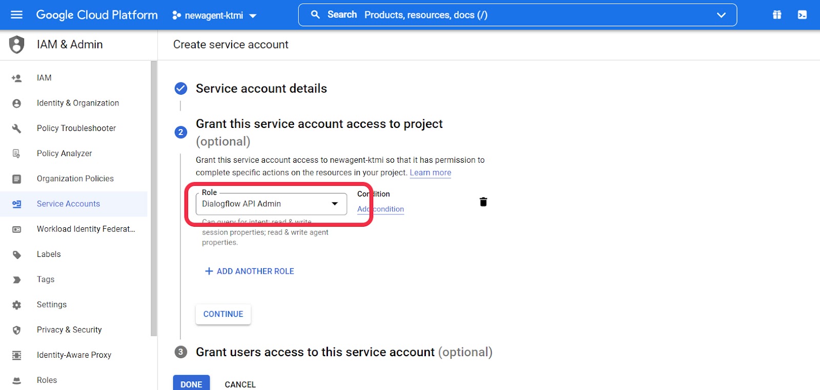 Adding an API Admin role to a service account