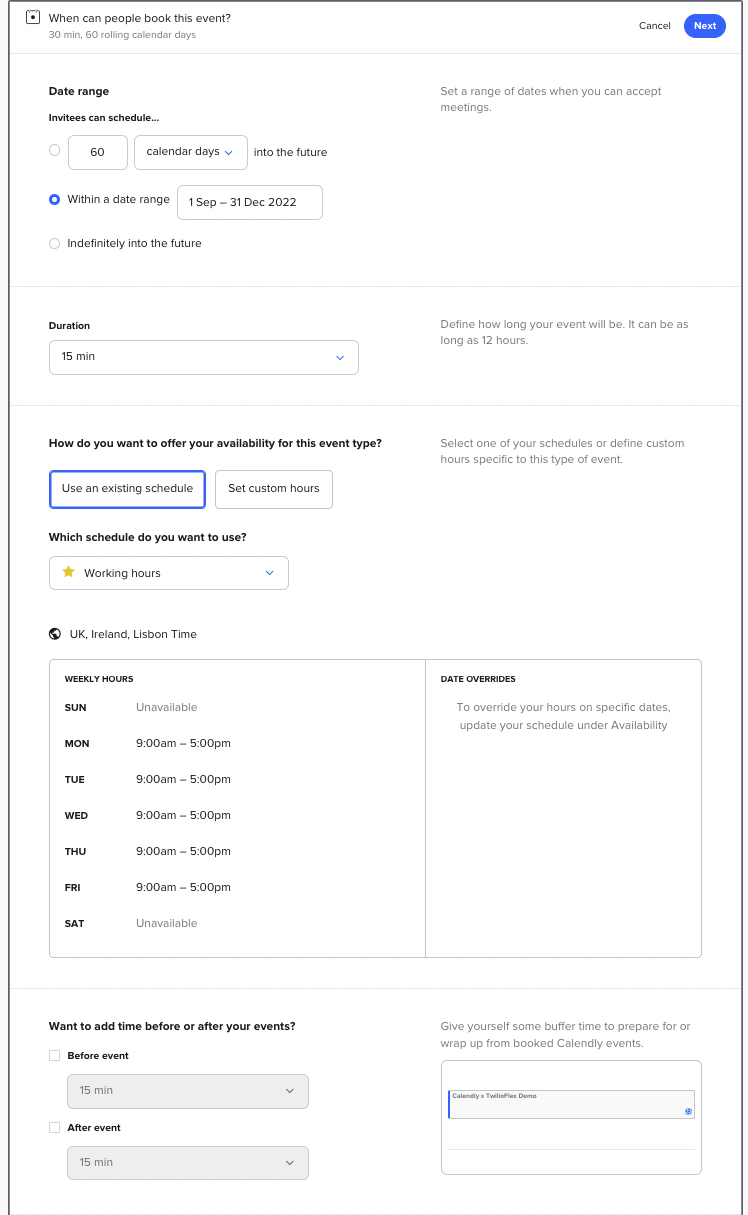 Screen Pop showing how to setup event timing details in Calendly