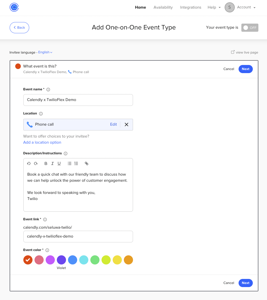 Screen Pop showing how to insert event details in Calendly