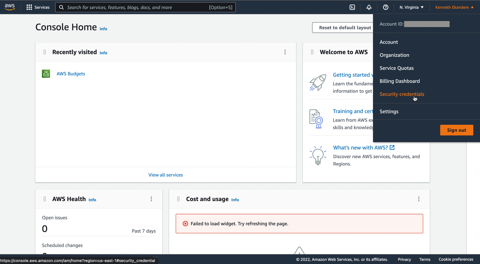 Retrieve security credentials in the AWS console