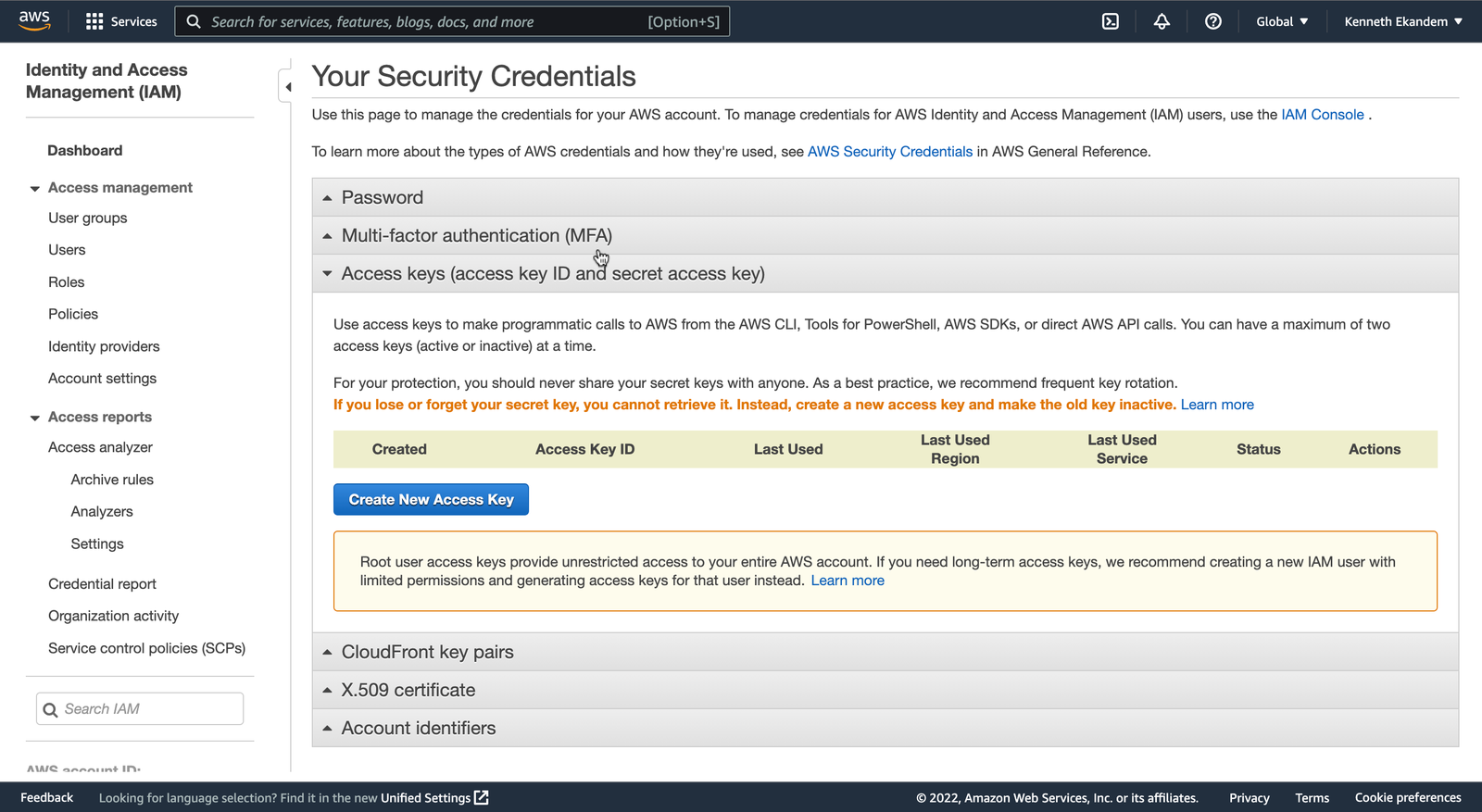 View security credentials in AWS IAM
