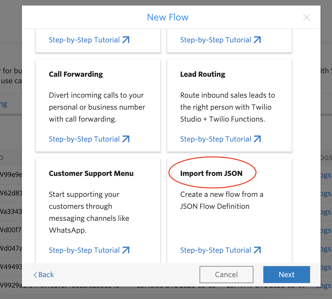 Import from JSON to start a new flow